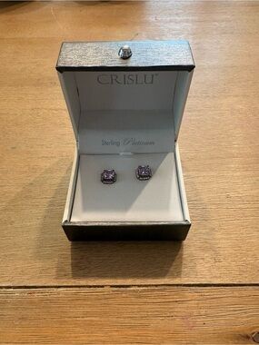 Crislu Sterling Platinum Purple Cushion-Cut Stud Earrings